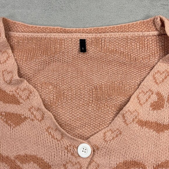 Y2K Pink Cropped Heart Cardigan Sweater Oversized Small Coquette Girlcore Cute - Picture 3 of 7